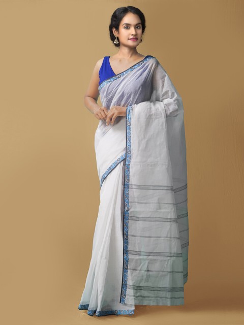

Unnati Silks White & Blue Pure Cotton Taant Saree