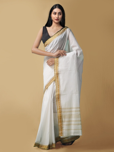 

Unnati Silks Women White & Gold-Toned Pure Handloom Bengal Tant Cotton Sustainable Saree