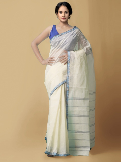

Unnati Silks Cream-Coloured & Blue Pure Cotton Taant Saree