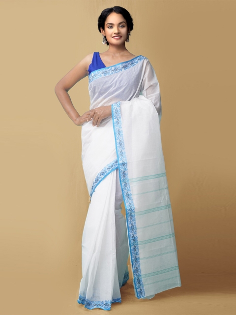 

Unnati Silks Women White & Blue Pure Handloom Bengal Tant Cotton Sustainable Saree