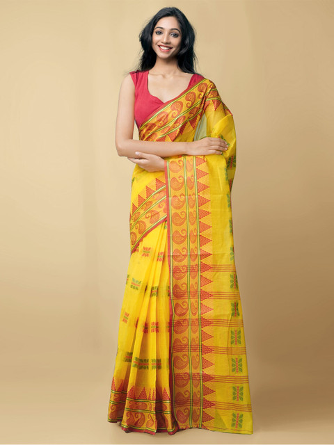 

Unnati Silks Yellow & Red Woven Design Pure Cotton Taant Saree