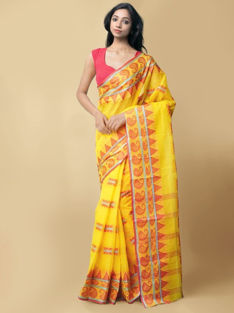 

Unnati Silks Women Yellow & Red Pure Handloom Bengal Tant Cotton Sustainable Saree
