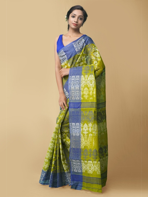 

Unnati Silks Women Green & Blue Woven Design Pure Bengal Tant Cotton Saree