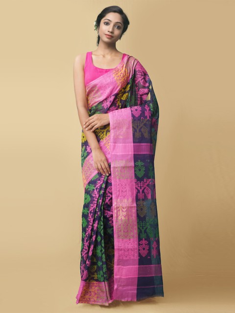 

Unnati Silks Women Black & Pink Pure Handloom Bengal Tant Cotton Sustainable Saree