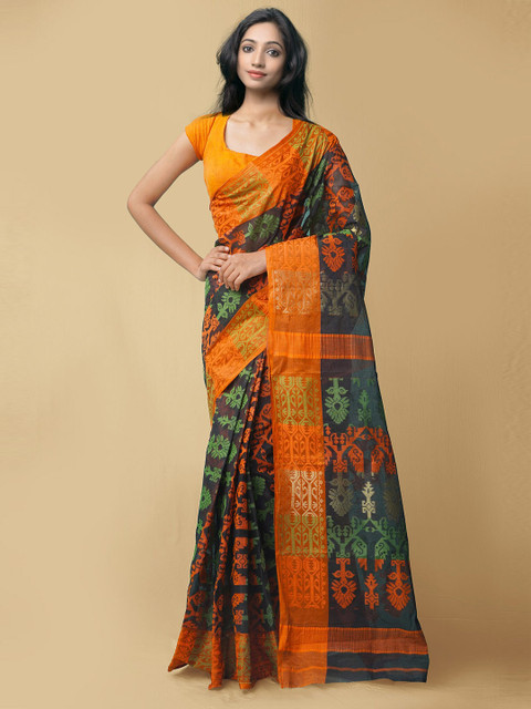 

Unnati Silks Black & Orange Woven Design Pure Cotton Taant Saree