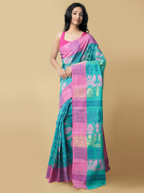 

Unnati Silks Sea Green & Pink Woven Design Pure Cotton Handloom Taant Saree