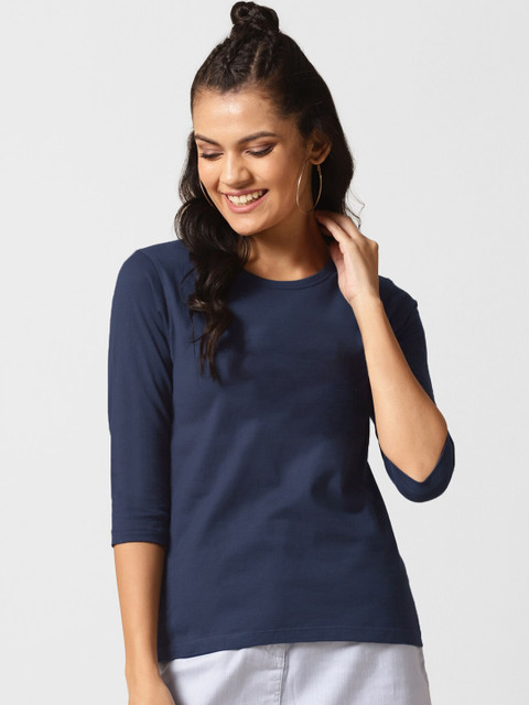 

Bewakoof Women Navy Blue Solid Loose Fit Cotton T-shirt