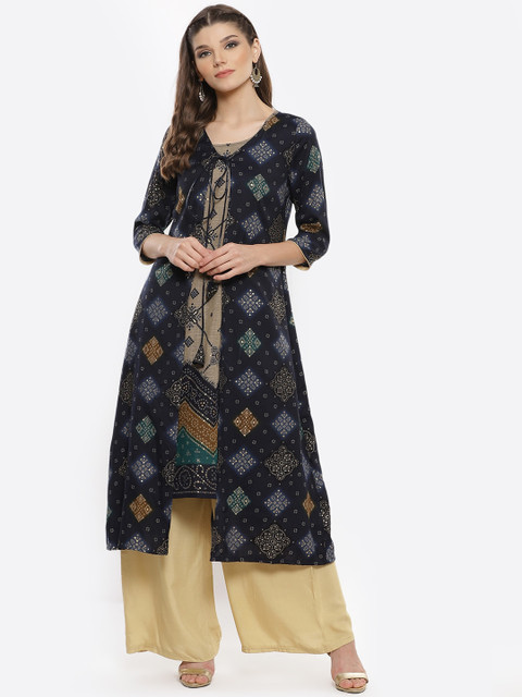 

Luni Women Navy Blue & Beige Ethnic Motifs Printed Kurta With Jacket