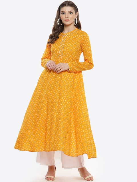 

Luni Women Yellow Bandhani Printed Cotton Anarkali Kurta