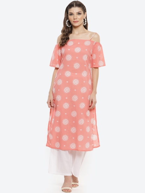 

Luni Women Peach-Coloured Ethnic Motifs Printed Off-Shoulder Gotta Patti Kurta