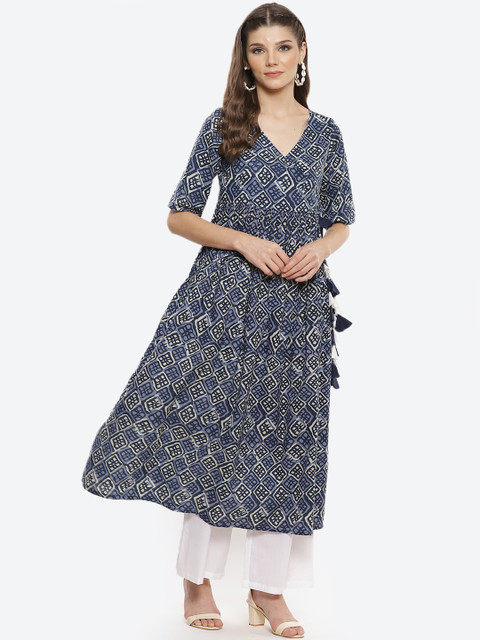 

Luni Women Blue & Cream-Coloured Geometric Printed V-neck Anarkali Kurta