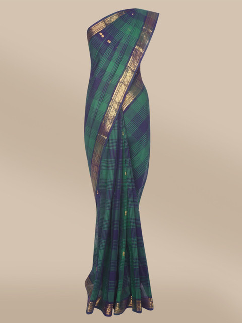 

The Chennai Silks Green & Blue Checked Pure Cotton Fusion Chettinad Saree