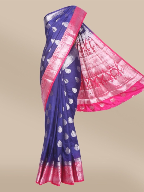 

The Chennai Silks Navy Blue & Silver-Toned Woven Design Zari Fusion Saree