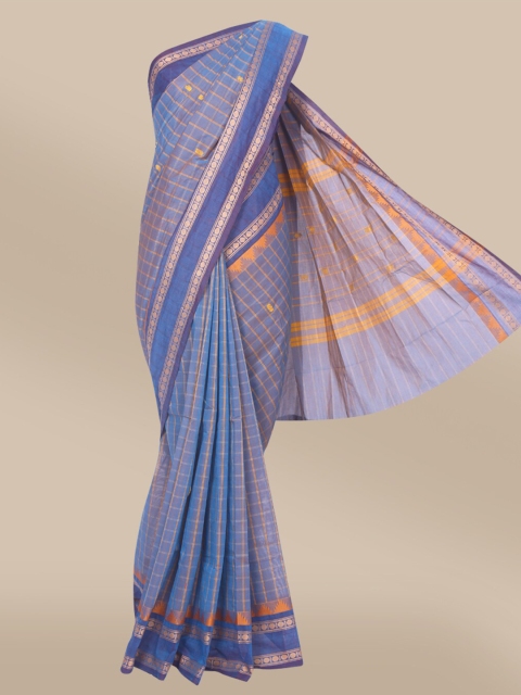 

The Chennai Silks Blue & Gold-Toned Checked Pure Cotton Fusion Chettinad Saree