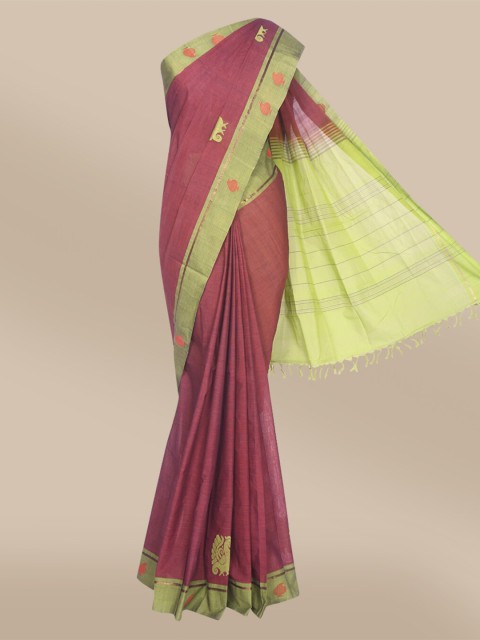 

The Chennai Silks Burgundy & Green Woven Design Pure Cotton Fusion Chettinad Saree