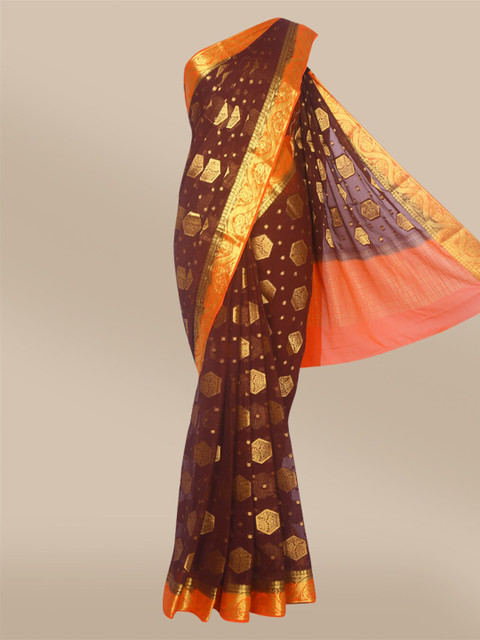 

The Chennai Silks Brown & Orange Woven Design Zari Fusion Mysore Silk Saree