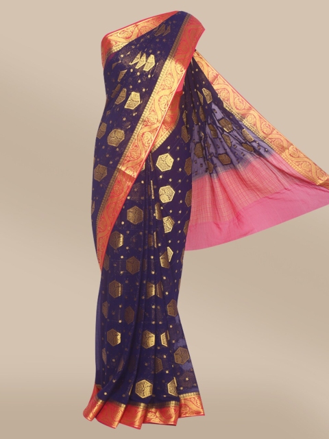 

The Chennai Silks Navy Blue & Red Floral Fusion Mysore Silk Saree