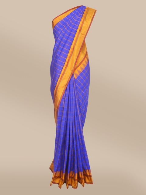 

The Chennai Silks Navy Blue & Yellow Checked Pure Silk Fusion Saree