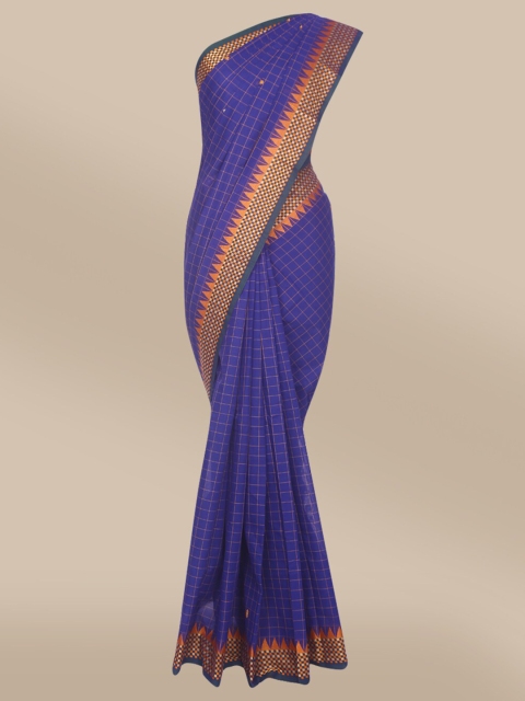 

The Chennai Silks Navy Blue & Gold-Toned Checked Pure Cotton Chettinad Saree