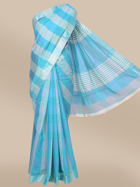 

The Chennai Silks Turquoise Blue & Silver-Toned Checked Cotton Saree