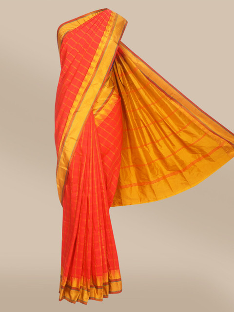 

The Chennai Silks Red & Yellow Checked Zari Pure Kadiyal Silk Saree