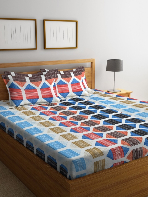 

HOSTA HOMES White & Black Geometric 300 TC King Bedsheet with 4 Pillow Covers