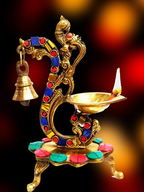 

WENS Multicoloured Brass Peacock Diya with Bells, Multi