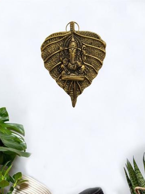 

WENS Metal Golden Ganesha On Leaf Wall Hanging, Gold