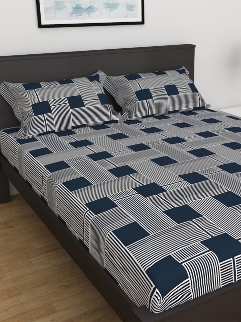 

Home Centre Navy Blue & White Geometric 3 King Bedsheet with 2 Pillow Covers