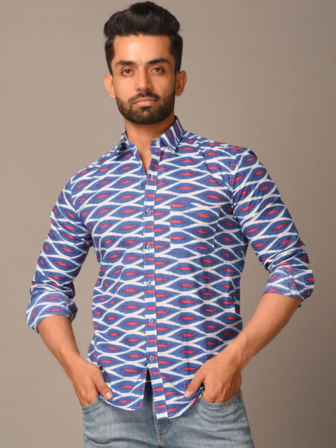 

Tistabene Men Blue Opaque Ikat Printed Casual Cotton Shirt