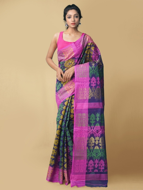 

Unnati Silks Violet & Green Woven Design Pure Cotton Taant Saree