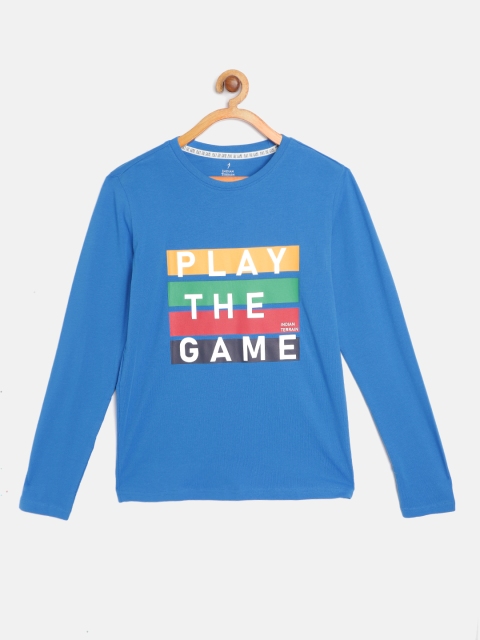 

Indian Terrain Boys Blue & Yellow Pure Cotton Typography Printed T-shirt