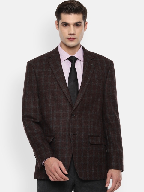 

Louis Philippe Men Maroon And Grey Checked Pure Wool Single Breasted Blazer