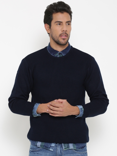 

Peter England Men Navy Patterned Sweater, Navy blue