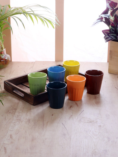 

CDI Set Of 6 Blue & Green Solid Set Of 6 Ceramic Cups With Wooden Tray