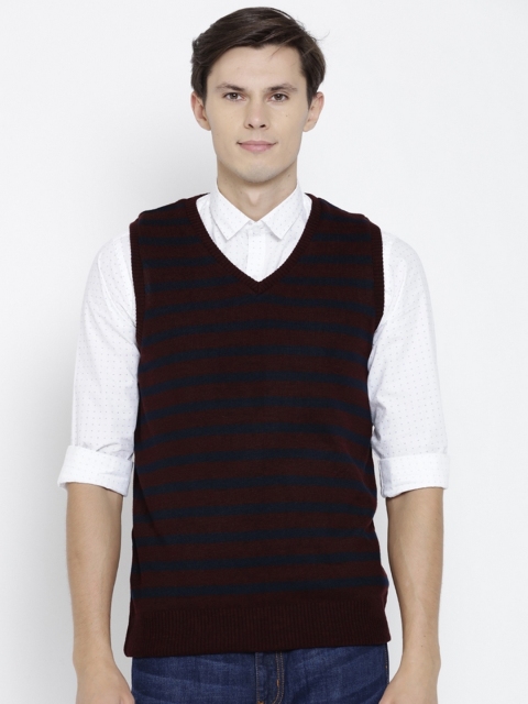 

Peter England Men Maroon & Navy Blue Striped Sweater