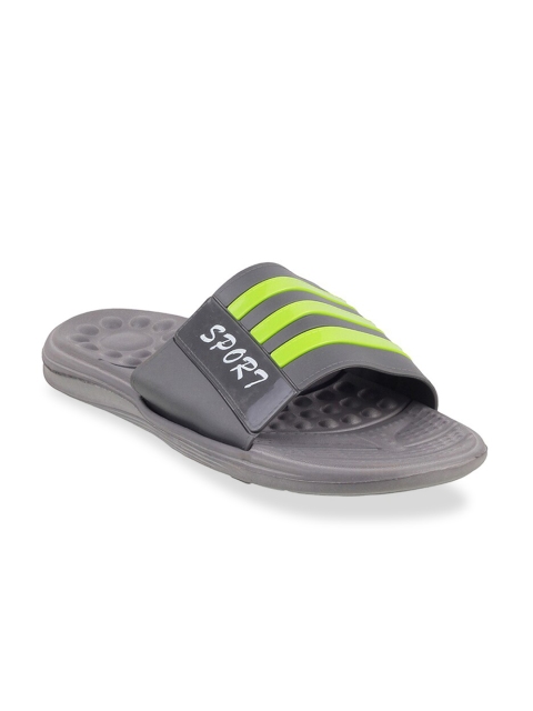 

WALKWAY Men Grey & Fluorescent Green Striped Sliders