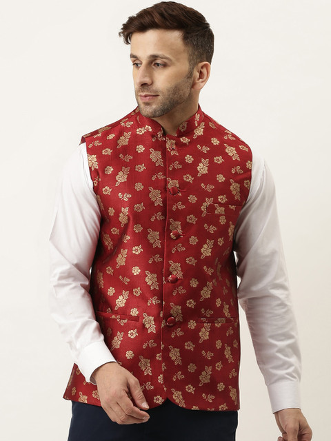 

Hangup Men Maroon & Gold Floral Nehru Jacket
