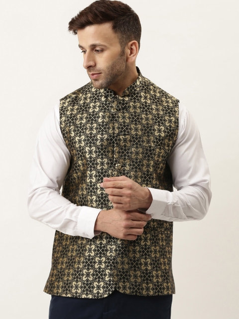 

HANGUP Men Black & Gold Woven Design Nehru Jacket