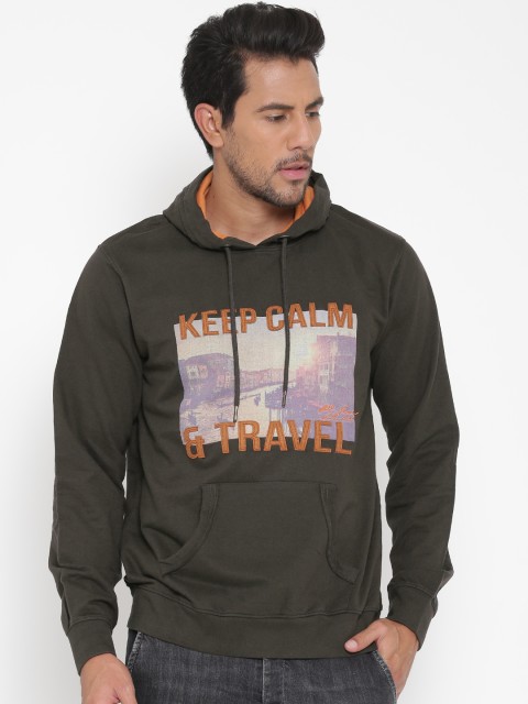 

Peter England Casuals Olive Brown Printed Hooded Sweatshirt