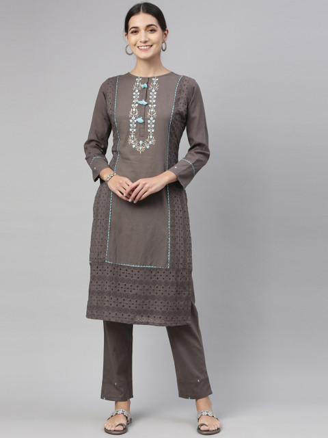 

Neerus Women Grey Printed Layered Aari Work Pure Cotton Kurta with Trousers