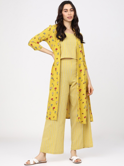 

Vishudh Women Yellow & White Striped Top with Palazzos & Shrug