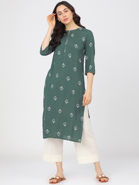 

Vishudh Women Olive Green Ethnic Motifs Printed Kurta