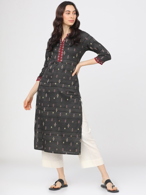 

Vishudh Women Charcoal & Red Ethnic Motifs Printed Kurta
