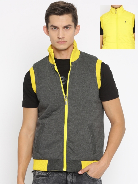 

Peter England Casuals Yellow & Charcoal Grey Reversible Padded Sleeveless Jacket