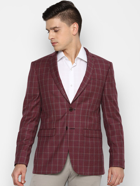 

Allen Solly Men Maroon Checked Pure Woolen Slim-Fit Single-Breasted Formal Blazer