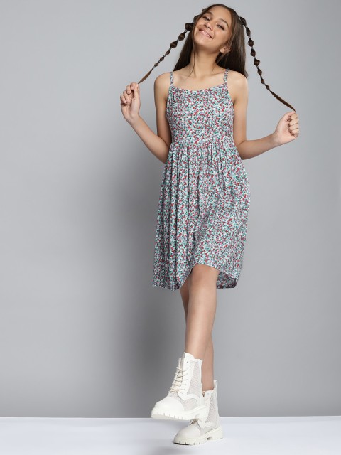

YK Blue & Red Floral Print A-Line Sleeveless Dress