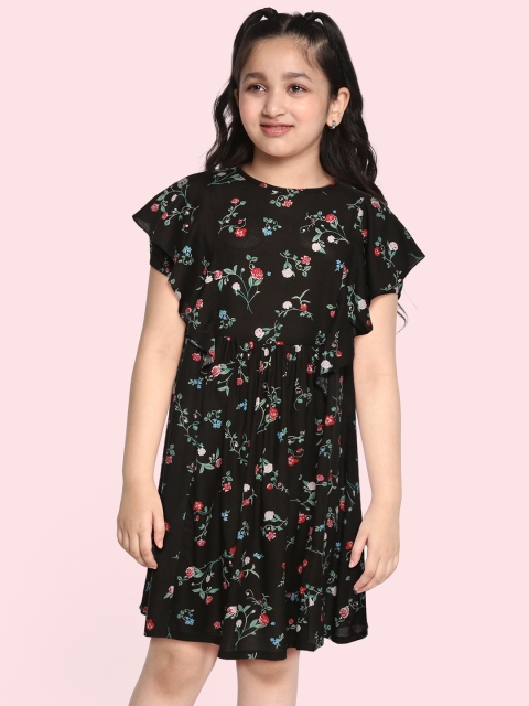 

YK Girls Black & Green Floral Print A-Line Dress