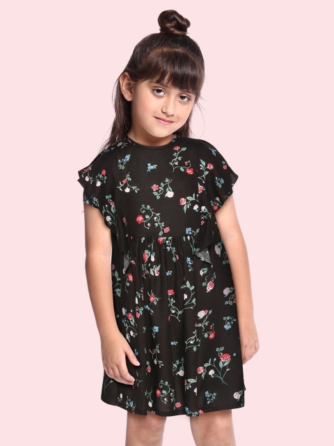 

YK Girls Black & Red Floral Print Fit & Flare Dress