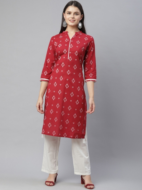 

HERE&NOW Maroon & Wwhite Ethnic Motifs Printed Pure Cotton Kurta with Palazzo